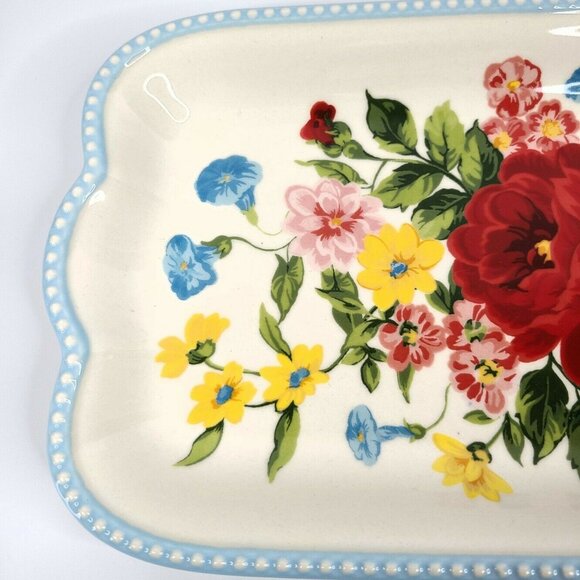 Pioneer Woman Serving Platter Sweet Rose Floral 14.17" Ceramic Tray Blue White - Picture 3 of 9